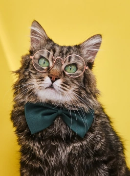 Long-haired tabby cat wearing glasses and a green bow tie against a yellow background