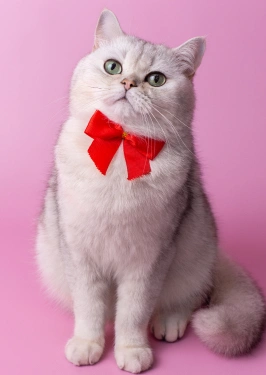 White cat wearing a red bow tie sitting against a pink background